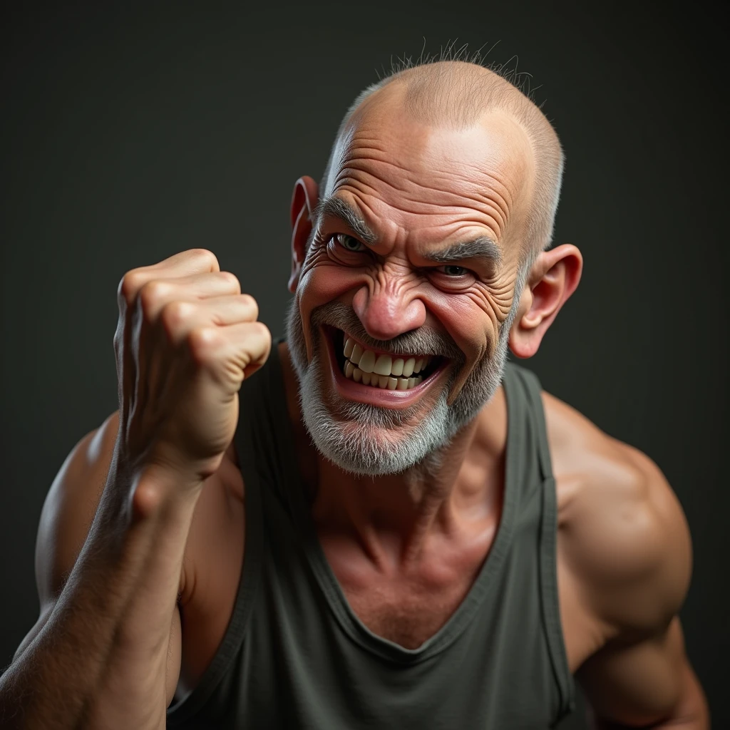 ガッツポーズをしながらいやらしい笑みを浮かべる爺さん(タンクトップ、顔のアップ): "A hyper-realistic close-up of an elderly man with a bald head, dressed in a tank top, raising a fist in a triumphant pose with a sly, leering grin. His expression is full of playful mischief and slightly inappropriate humor, with the background softly blurred to keep the focus on his suggestive and cheeky demeanor."