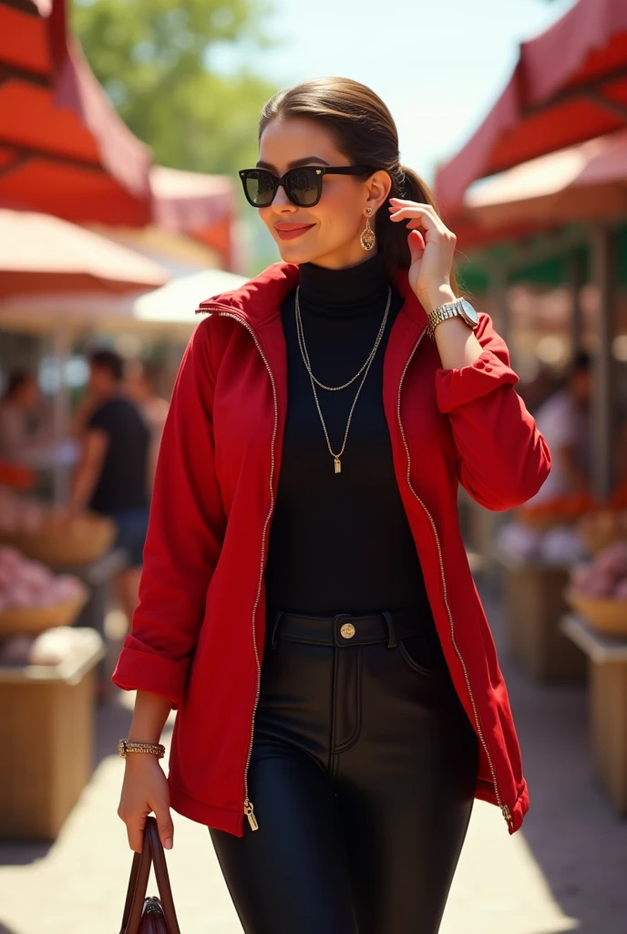 Full body beautiful white curvy hourglass body shape italian woman, 5'8" tall, medium ponytail brown hair, deep brown round eyes, wearing close zipped up red nylon collared parka down winter jacket, black straight pants, rolled up sleeves, zipping up jacket, up collar, black turttleneck collar shirt under jacket, happy smile, walking on free market, high hill sandals, summer sunny day, bag, glasses, watch and bracelet, neck chain, ear rings, hand on hair