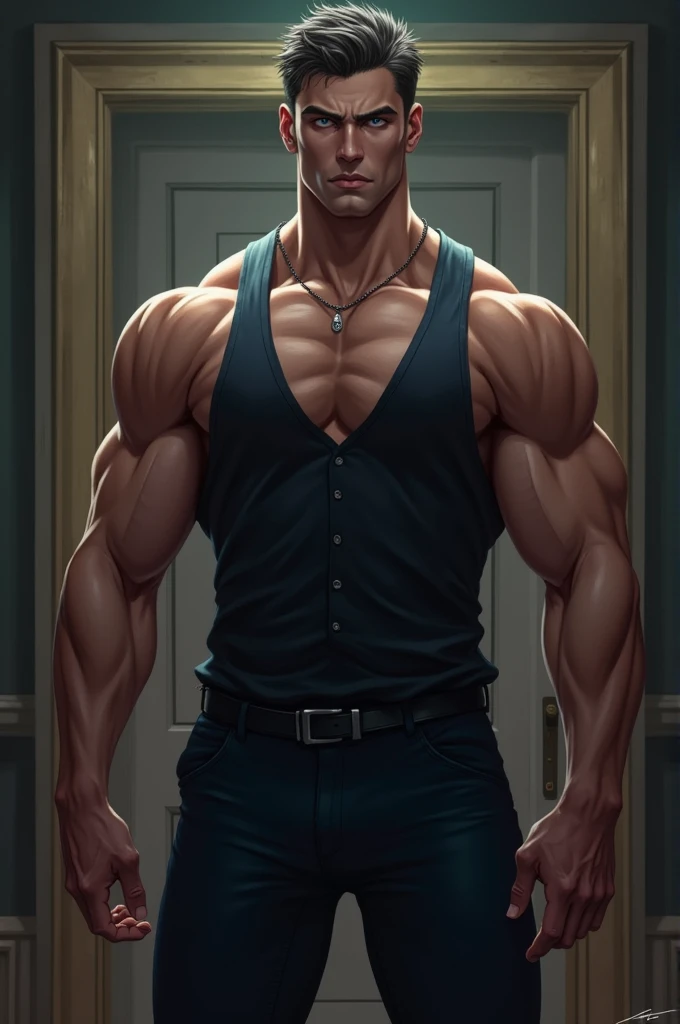 (realistic) 4 man. Hair: short, naturally dark brown. Height: 6'5. Body: he is white, tall and strong. Muscular thighs and arms.
Eyes: grayish blue.
Face: handsome and intimidating.
He is a wealthy yandere stalker
