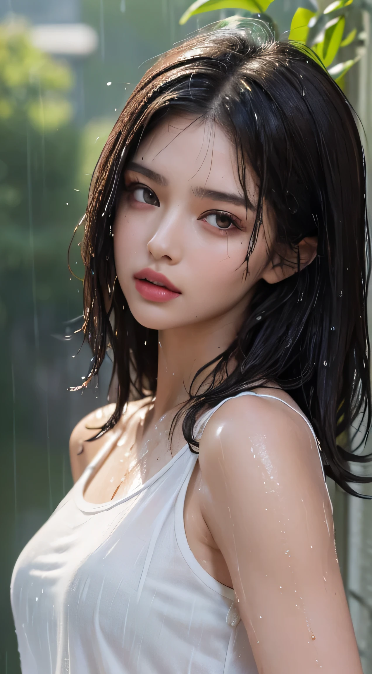 (Best quality, 4k, Masterpiece :1.3), pretty woman, 1girl, sexy :1.1, dark brown hair: 1.1, (rainy wet, wet from rain, wet body :1.2), white tank tops, ultra-detailed face, detailed lips, detailed eyes, double eyelid