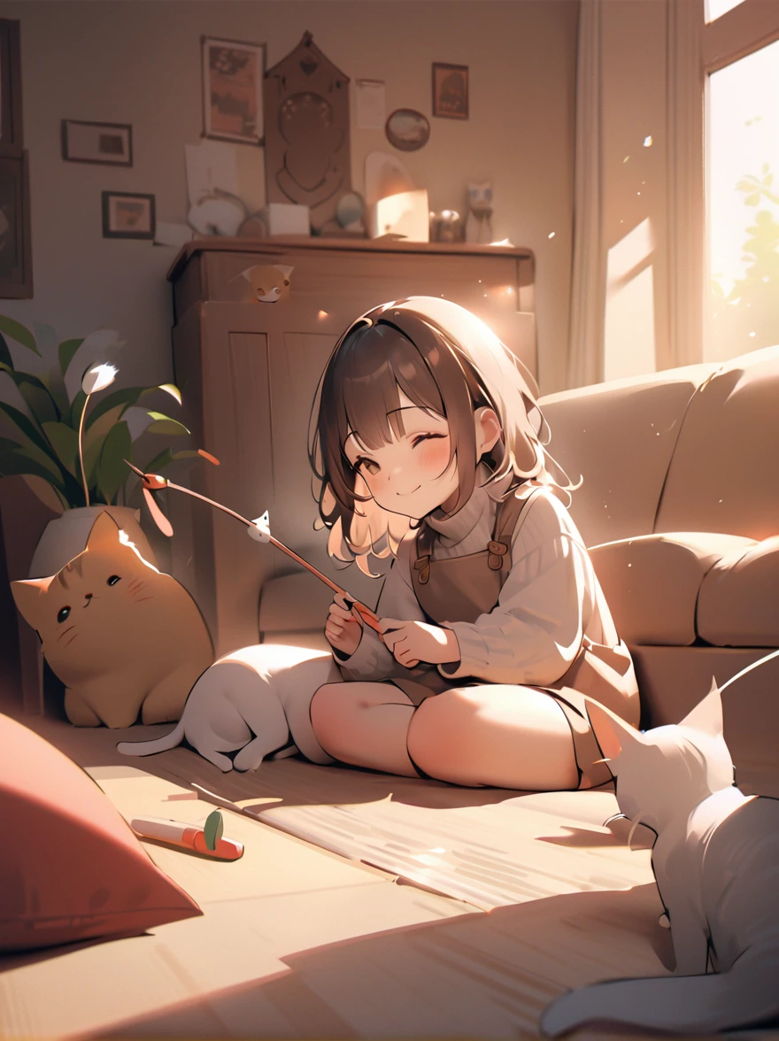 A cozy scene of a girl in a warm, inviting living room, using a toy stick to play with a small, playful kitten. She’s wearing a comfortable turtleneck sweater, her expression is full of joy and warmth as she smiles and laughs, enjoying this happy moment. The living room is softly lit, with plush furniture and soft textures, creating a relaxed and homely atmosphere. The kitten is actively engaging with the toy, adding to the playful energy of the scene. The overall mood is one of contentment and simple, heartwarming pleasure., Wlop:1.3, cat teaser, cat wand.