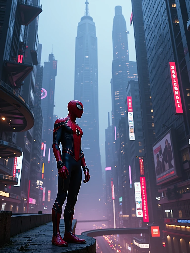 high quality 8k photo,ultra detailed,intricate details,cinematic lighting,spiderman,cyberpunk,superheroes,futuristic city,urban landscape,skyscraper,neon lights,dark colors,moody atmosphere,dramatic lighting,photorealistic,masterpiece,award winning,professional photographer