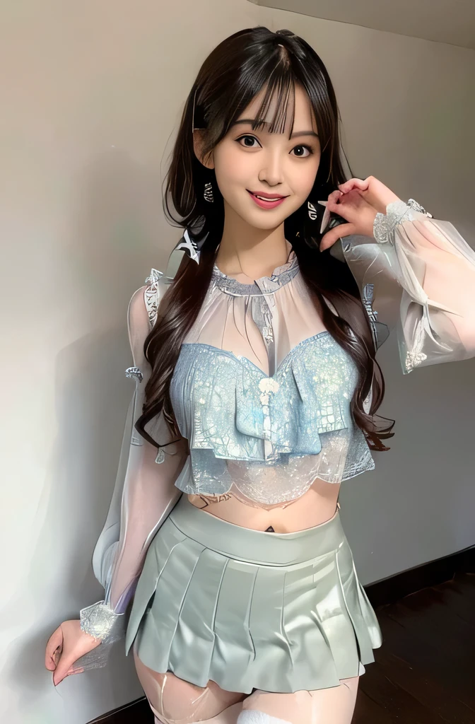 ((((Highest quality, High resolution)))), Extremely detailed 8K, Beautiful girl with slim body, (Ultra HD, Very detailed, Very detailed, Very realistic, Ultra-realistic, Photo Real), (One girl:1.5), Long Hair、Twin tails、Brown eyes, (Medium Breast: 1.2), (Beautifully detailed face, Beautiful attention to detail), (Sheer blouse:1.4),(Cleavage)、(Light of the sun, sunlight),(slender:1.5),(Light clothing:1.6),(Open chest)、(Idol face:1.7),(Beautiful eyes)、(Beautiful face)、(Toned body:1.5),(masterpiece:1.8),Blushing、Beautiful Skin、Moist eyes、Embarrassed expression、smile、(Slim and beautiful legs:1.4),(mini skirt:1.4),(Panty shot:1.4),(squat)、