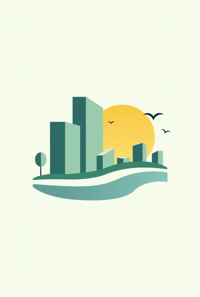 A SIMPLE logo, minimalistic, with a city, with the following colors: cerulean, green and yellow