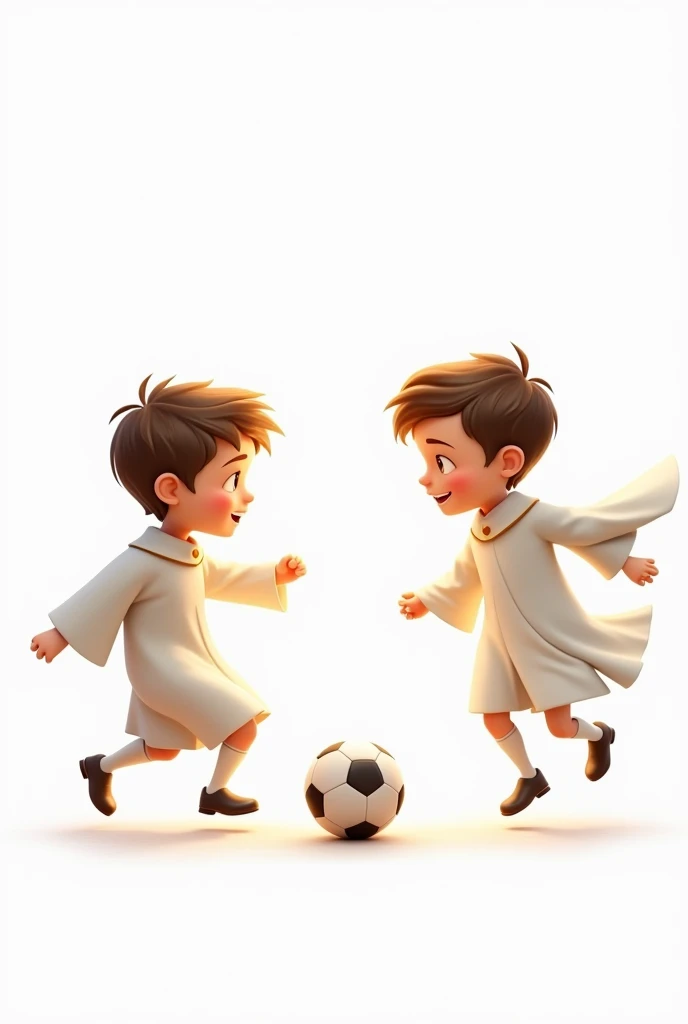 two altar boys playing soccer white background, soccer ball, disney type