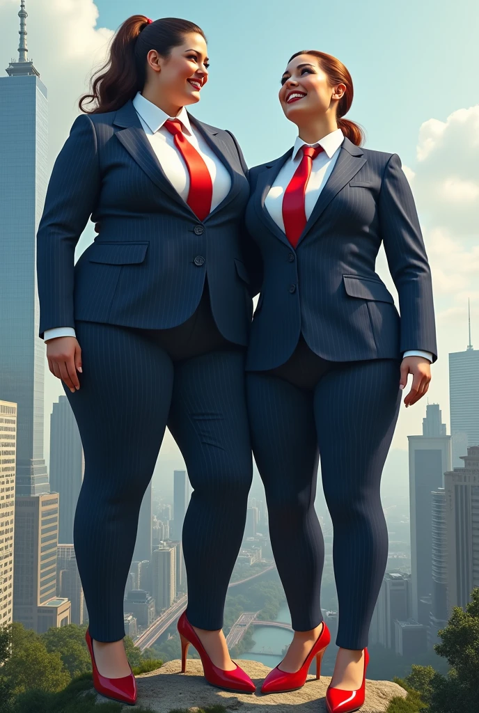 two giant curvy women full body view giga giantess giant art massive beyond compared to any large city heels bigger than skyscrapers huge breasts light navy blue pinstriped suit white tailored shirt done up thick and very large Windsor knot red tie Has ponytail Wearing a pair of red platform heels Professional attire A look of enjoyment, Beautiful appearance, smile, kissing (satellite view)giga goddess