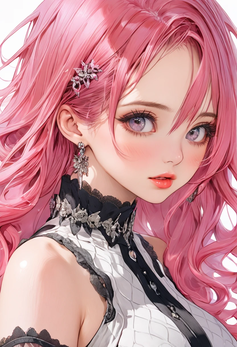 Highest quality、masterpiece、1 girl、Standing posture、Beautiful Face、Beautiful face、mother、Beautiful boobs、One eye is hidden by hair、Pink Hair、Beautiful lips Best Woman Long Hair Eyes that are sucked in Provocative blush