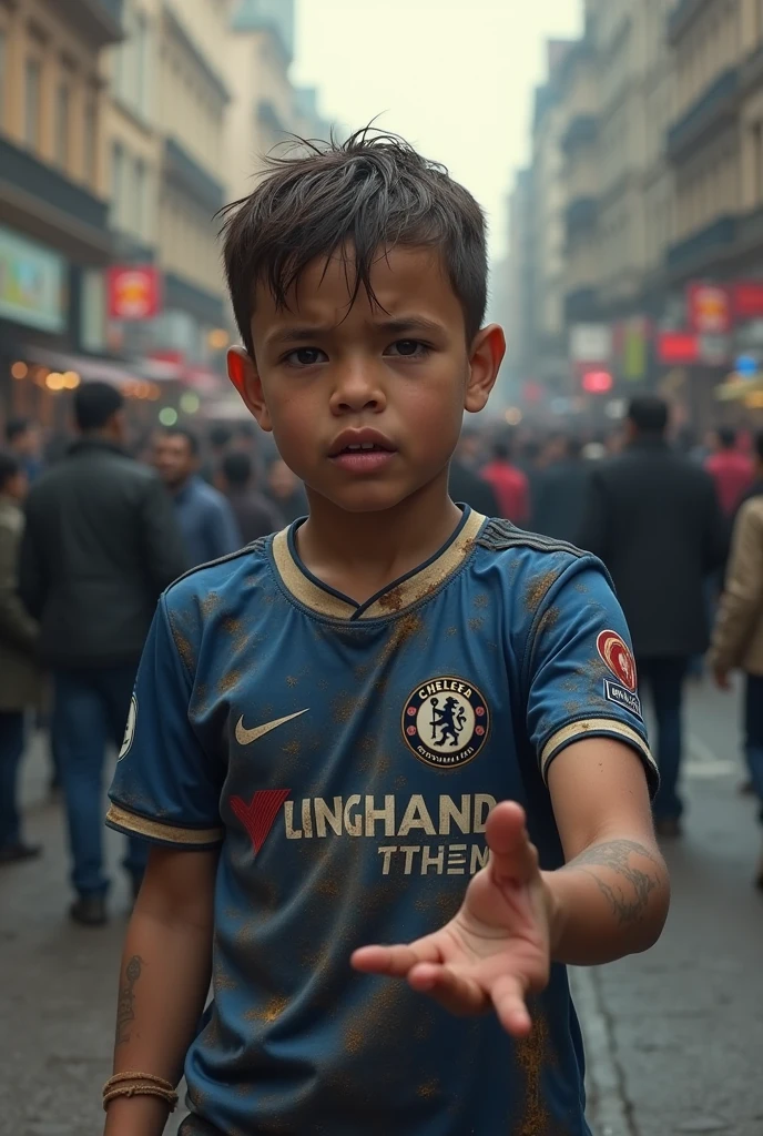 Poor boy wearing Chelsea shirt is begging for money