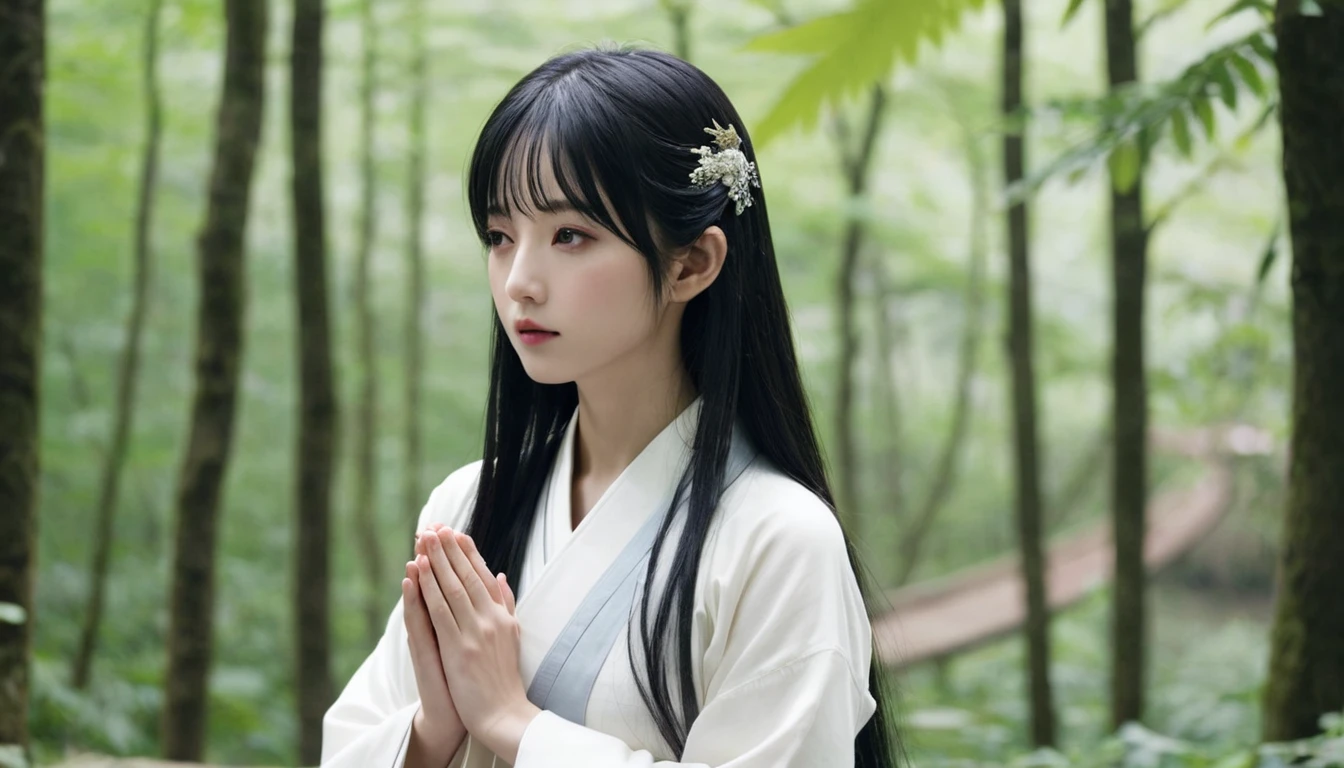 8G、High resolution、龍god刺繍の美Shii白い絹の着物を着た女god、Long black hair、Delicate textured profile、Long eyelashes、prayer、god々Shii、forest、美Shii川、Sparkling、Praying、
