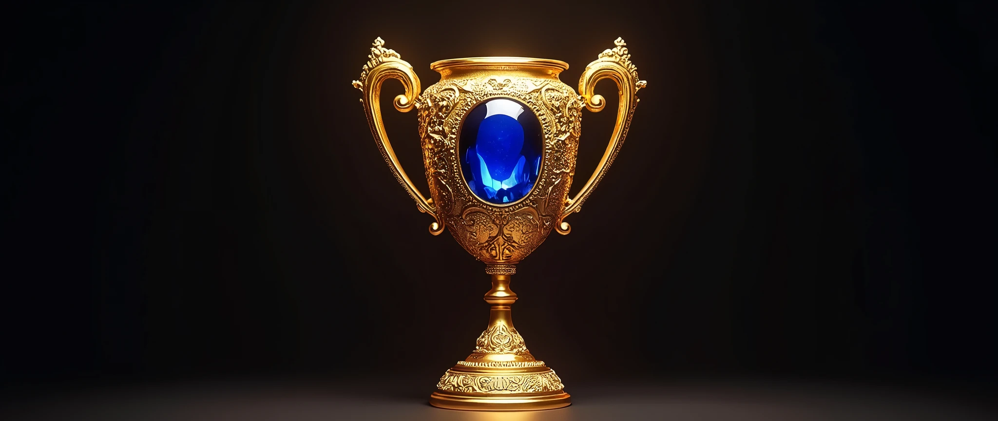 a golden trophy with sapphire stone, black background, intricate detail, high quality