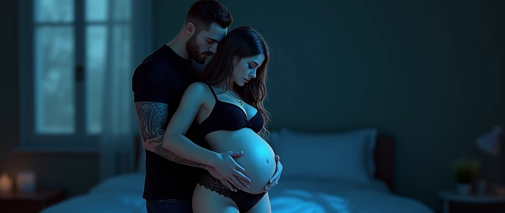 A beautiful woman with wide hips, long hair with waves, Beautiful face like a doll. with big breasts, touching her pregnant belly, with a black bra and black panties all lace. A man hugs her from behind, The man is much taller, short black hair, with tattoos, Muscular and wearing a black t-shirt and black jeans. blue glow (blurred background in a dark room)
