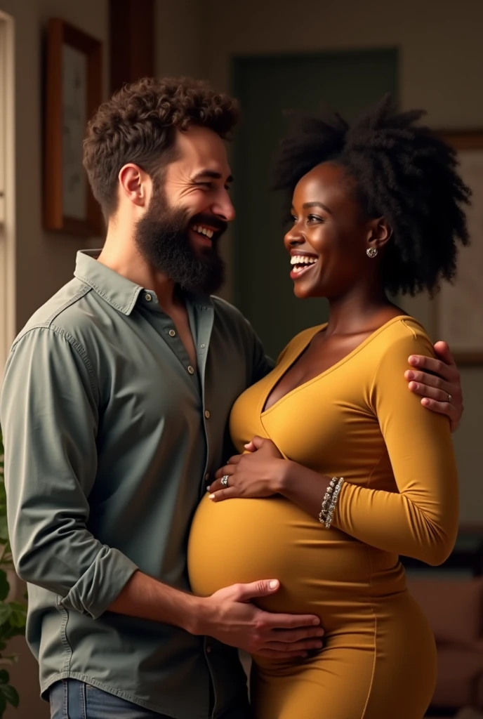 Bearded white man laughing with pregnant black woman