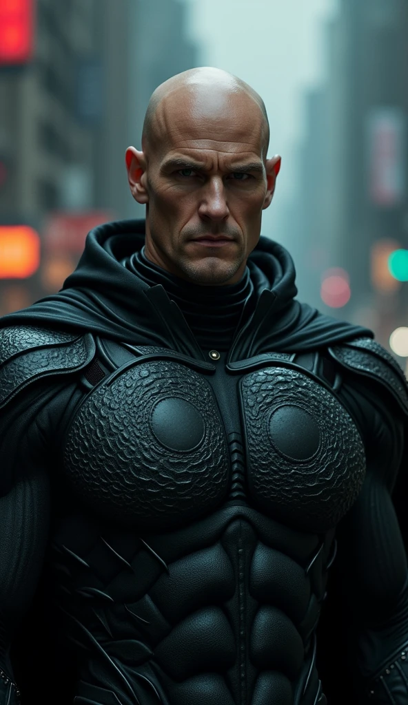 {
"subject": "A 2, bald Lex Luthor wearing a symbiotic necromancer armor in black tones, with a smooth, youthful face, facing forward and looking directly at the viewer",
"type": "photorealistic image",
"environment": "dark, dystopian cityscape at night, with muted colors and deep shadows, inspired by Zack Snyder's films",
"art_style": "hyper-realistic",
"inspirations": "Greg Rutkowski, Beeple, Simon Stålenhag, Zack Snyder",
"camera": "Canon EOS R5",
"lens": "Canon RF 85mm F1.2L",
"shot": "medium close-up shot, focused on the unarmored, youthful face and the black, living armor",
"render_details": "{crisp details, ultra-high-definition, lifelike symbiotic textures with subtle movements}",
"lighting": "cinematic lighting, with deep shadows and highlights accentuating the living armor's organic texture",
"filters": "desaturated, with a focus on deep blacks and grays, slight bloom effect",
"resolution": "8K resolution"
}