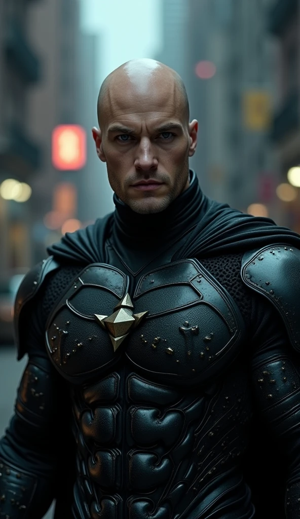{ 
  "subject": "A 2, bald Lex Luthor wearing a symbiotic necromancer armor in black tones, with a smooth, youthful face, facing forward and looking directly at the viewer", 
  "type": "photorealistic image", 
  "environment": "dark, dystopian cityscape at night, with muted colors and deep shadows, inspired by Zack Snyder's films", 
  "art_style": "hyper-realistic", 
  "inspirations": "Greg Rutkowski, Beeple, Simon Stålenhag, Zack Snyder", 
  "camera": "Canon EOS R5", 
  "lens": "Canon RF 85mm F1.2L", 
  "shot": "medium close-up shot, focused on the unarmored, youthful face and the black, living armor", 
  "render_details": "{crisp details, ultra-high-definition, lifelike symbiotic textures with subtle movements}", 
  "lighting": "cinematic lighting, with deep shadows and highlights accentuating the living armor's organic texture", 
  "filters": "desaturated, with a focus on deep blacks and grays, slight bloom effect", 
  "resolution": "8K resolution"
}