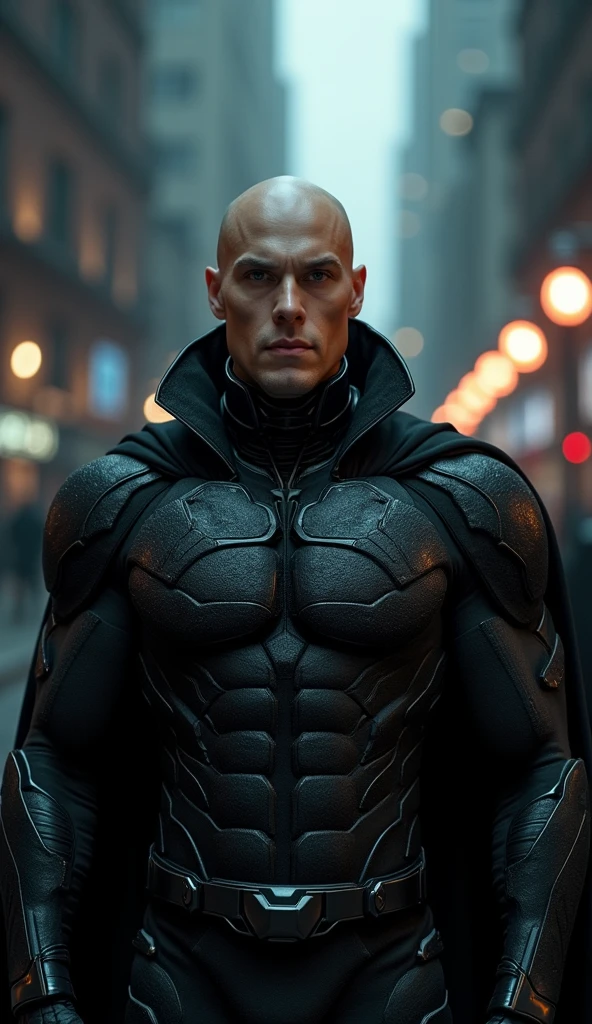 {
"subject": "A 2, bald Lex Luthor wearing a symbiotic necromancer armor in black tones, with a smooth, youthful face, facing forward and looking directly at the viewer",
"type": "photorealistic image",
"environment": "dark, dystopian cityscape at night, with muted colors and deep shadows, inspired by Zack Snyder's films",
"art_style": "hyper-realistic",
"inspirations": "Greg Rutkowski, Beeple, Simon Stålenhag, Zack Snyder",
"camera": "Canon EOS R5",
"lens": "Canon RF 85mm F1.2L",
"shot": "medium close-up shot, focused on the unarmored, youthful face and the black, living armor",
"render_details": "{crisp details, ultra-high-definition, lifelike symbiotic textures with subtle movements}",
"lighting": "cinematic lighting, with deep shadows and highlights accentuating the living armor's organic texture",
"filters": "desaturated, with a focus on deep blacks and grays, slight bloom effect",
"resolution": "8K resolution"
}
