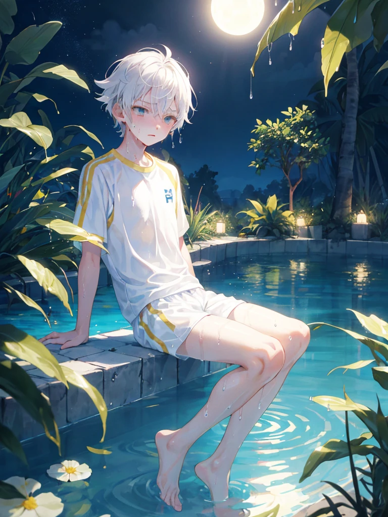 1boy, kenma, haikyuu, base in manga, handsome, sad, water, wet, night, jungle, white petals, yellow color hair, swimming outfit