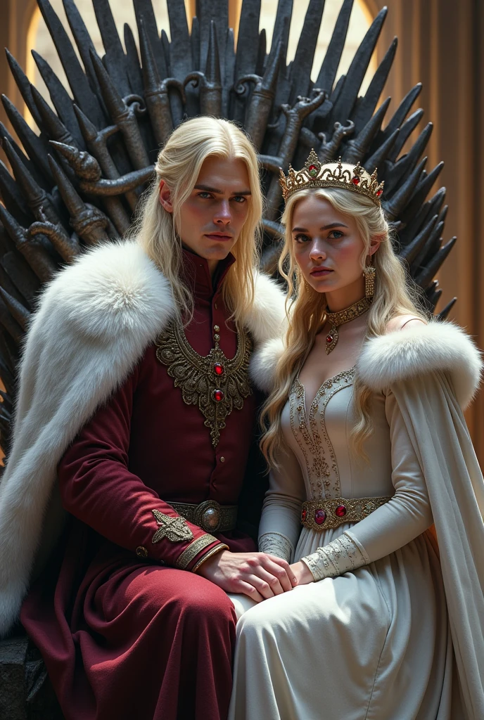 Tom Glynn Carney as Aegon II Targaryen on the Iron Throne and alongside Alice Agneson as Targaryen, platinum fur, violet eyes, ruby crowns, the blackfyre sword, and the dragon sunfyre
