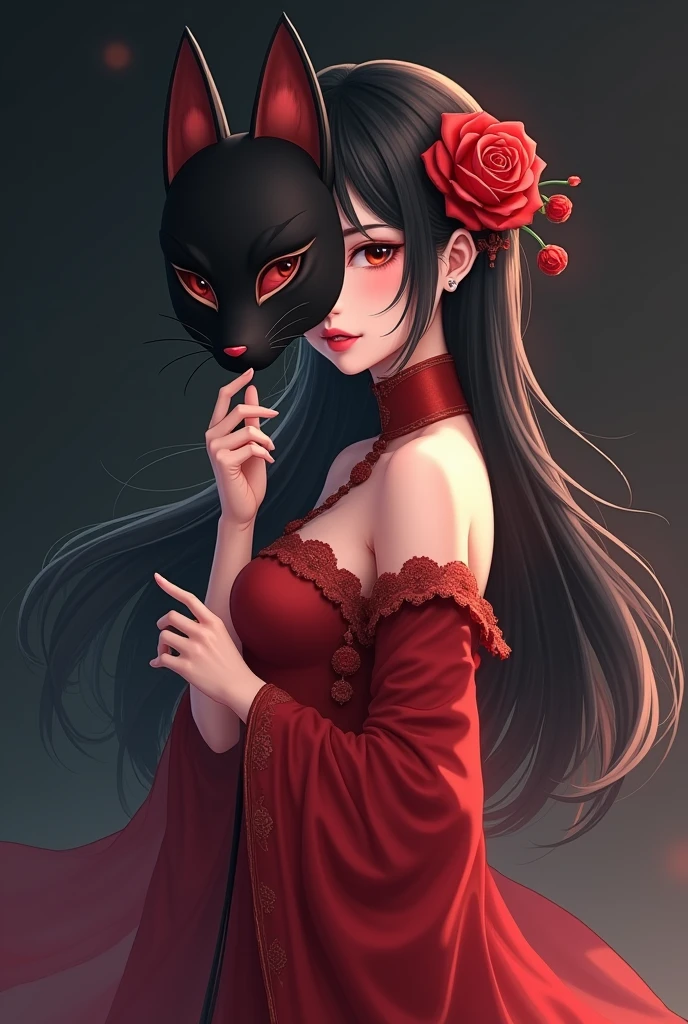 Anime chinese girl with long black hair with a rose in her hair wearing a red oriental dress holding a kitsune mask in front of her face with her right hand mask covering half of her face vertically with a mysterious dark background 