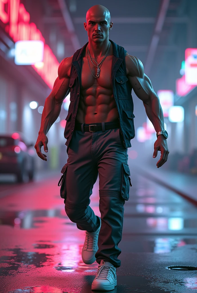 little distance、Strenuous movements、vibrancy、cyberpunk style、pic by a angle 、solo、body、Turtle、white skinned、(cargo pants、vests、White sneakers)、、Detailed body、、、(Detailed face) 、(8k hyper HD、 Top resolution,、The is very detailed、 profesional lighting、 Gray light illumination、low angle from below、6 pac、handsome 6 pak boy, reclin