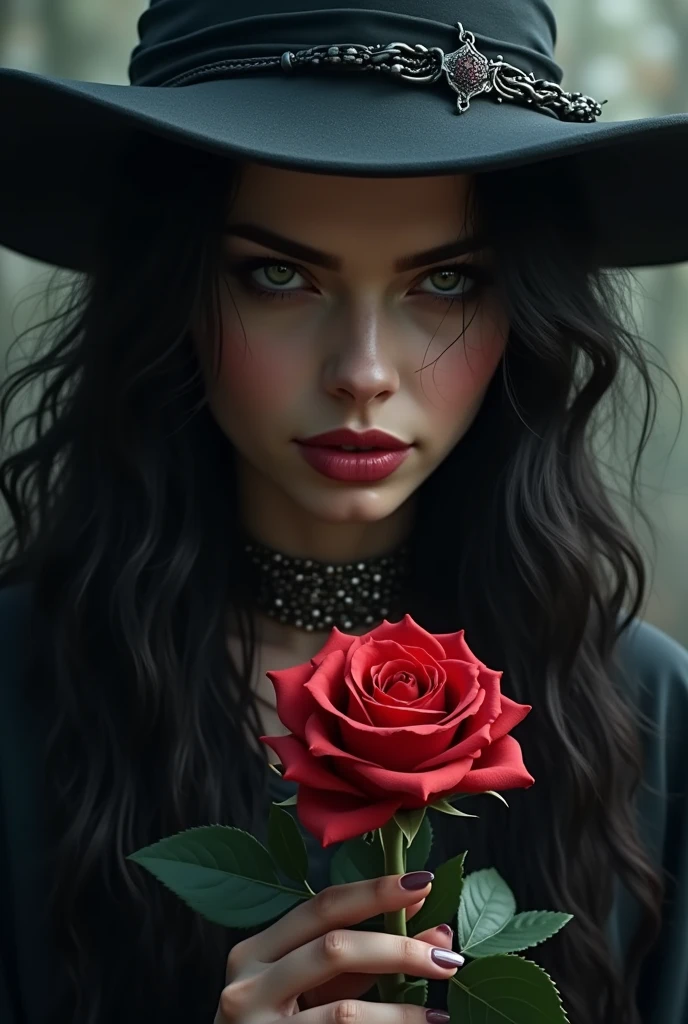 witch holding thorny rose ,closeup