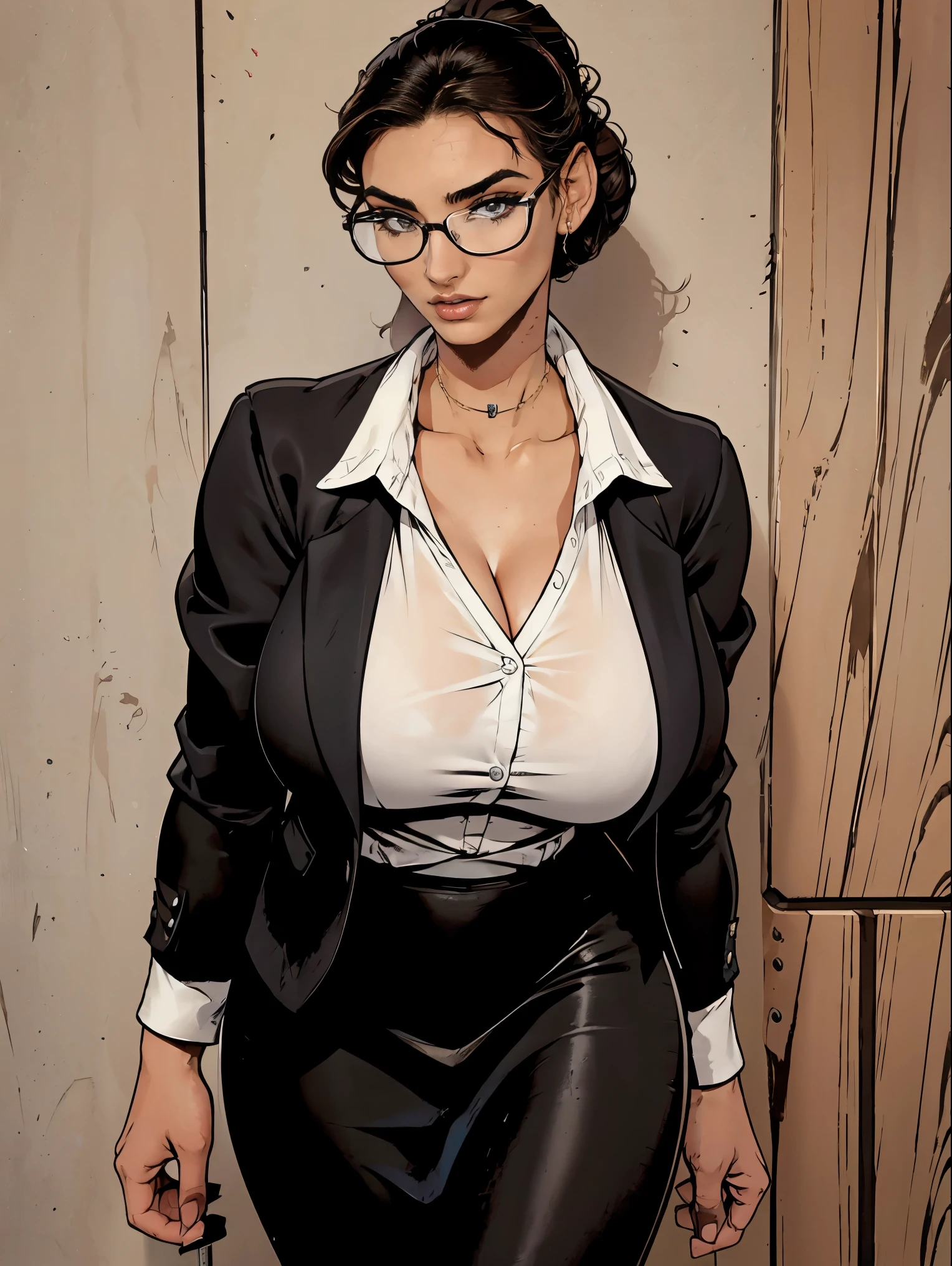 Gorgeous and sultry busty athletic (thin) brunette with sharp facial features and a (large nose) and (huge boobs) wearing a black blazer, white blouse and black pencil skirt, glasses, updo
