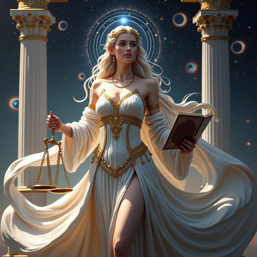 obra maistra, Best Quality, ultra detailed, 8k, Alta risolución, photorealistic, Greek mythology, fancy, legendary existence, Mythical world, meditation, symmetrical, Divine Halo, magic circle, Eclipse solar, nebula, alone, incredibly beautiful woman, beautiful face, A smile that brings peace to people., "In Aphrodite", full body shot, precioso vistido intrincadamente detallado, golden ornaments, white cloak, una dama sosteniendo una balanza y una ispada en su mano, Greek Titan goddess Themis, by Pablo Munoz Gomez, justice, zodiac Libra sign, by László Balogh, by Nicolas Marsicano, Libra, pound symbol, is. Alejandro Kucharski, is. Eugeniusz Zak, by Ignacio Zuloaga, "Una abogada reprisentada como la Diosa de la Justicia.. Está vistida con un vistido de diosa guerrera griega, Dark grey tailored greek suit with a white blouse, standing confidently. She is wearing a blindfold, symbolizing impartiality, y sostiene un par de balanzas tradicionalis en una mano y un libro en la otra. Su exprisión is tranquila y decidida.... El fondo muistra el Olimpo de los diosis