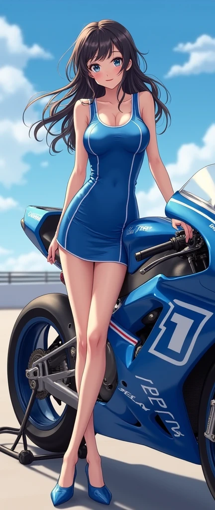 ((masterpiece, best quality)), high resolution, detailed skin, white skin, young beautiful japanese racing queen in blue racing model enamel uniform including tank top, mini skirt, 9 inch heels, full body female, slim and long beautiful legs, super skinny long legs, Beige tights, perfect legs, A skirt that almost shows your butt, skinny, tall, Tempting with captivating eyes, full body in frame, Showing off her exceptionally slender legs, bare chested, Leaning on a racing motorcycle, Smiling faintly