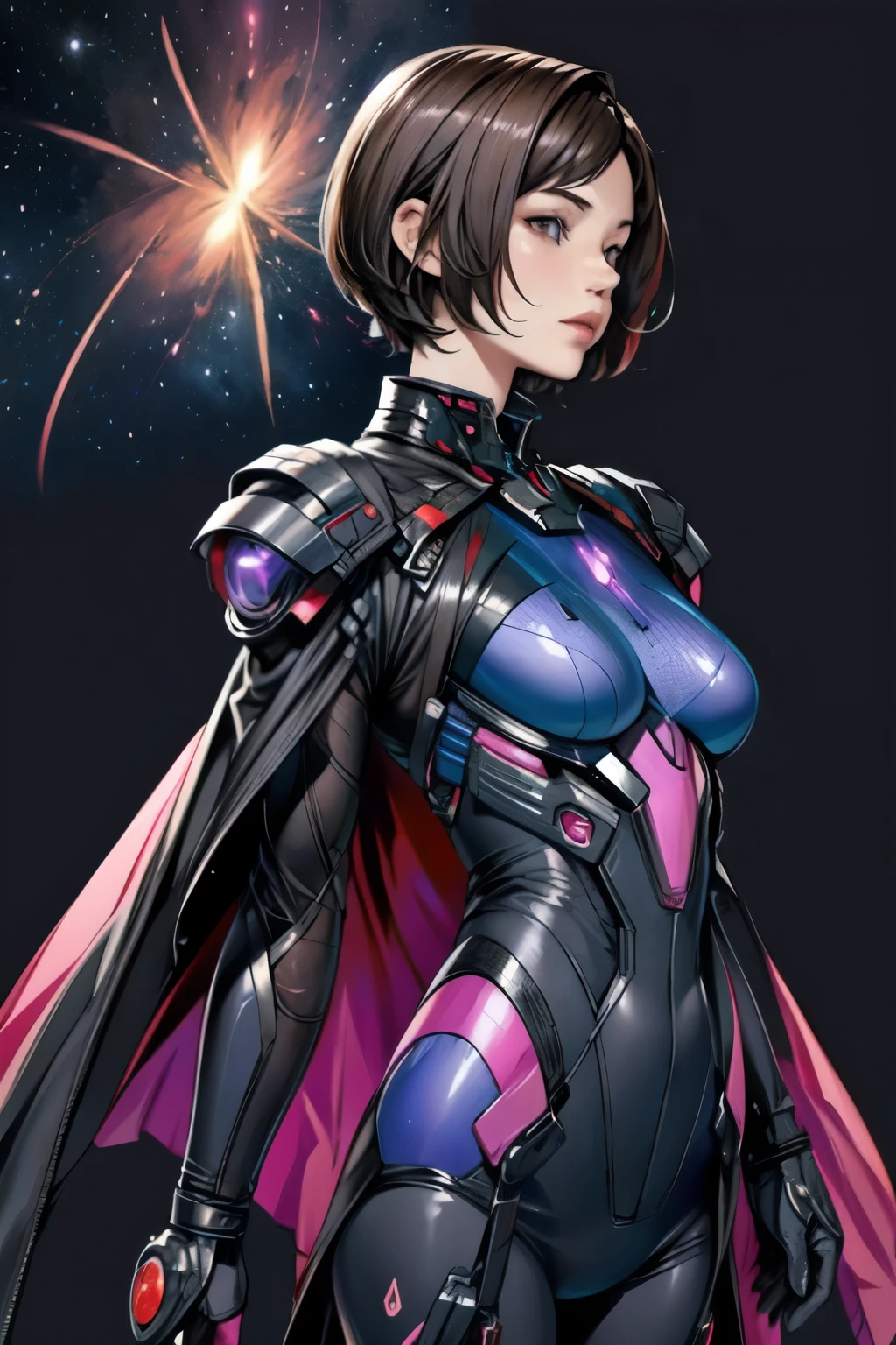 278 (20-year-old woman,short hair) , flower, Futuristic clothing, machinery suit, (The background is a galaxy and nebula)