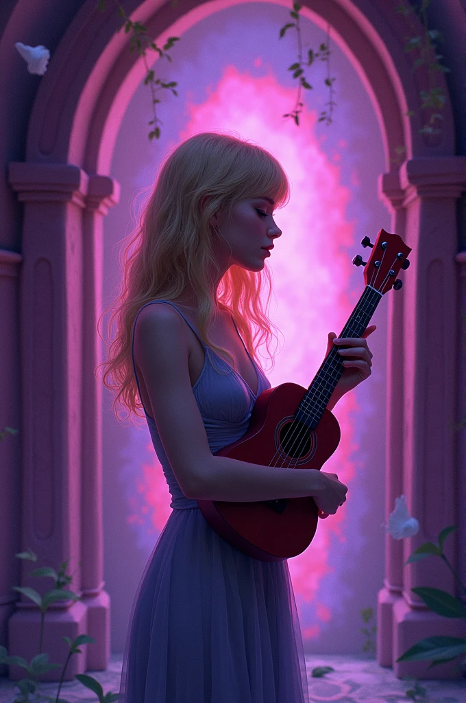 A blonde girl standing sideways with her face unseen with a ukulele and a purple room 