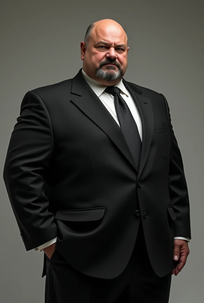 Create a man 50 years old, calvo, Bblack hair, fat body with black suit