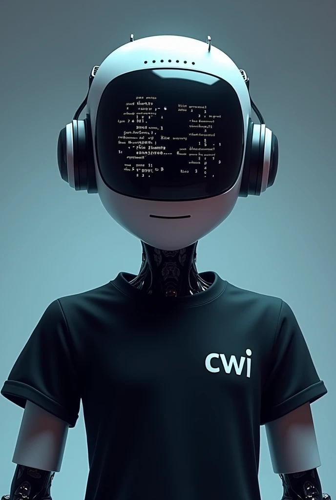 art of an avatar of a code reviewing robot wearing a black t-shirt with "CWI" on right side and face like robo with visor reflecting Java code looking front of the camera like animations 2d