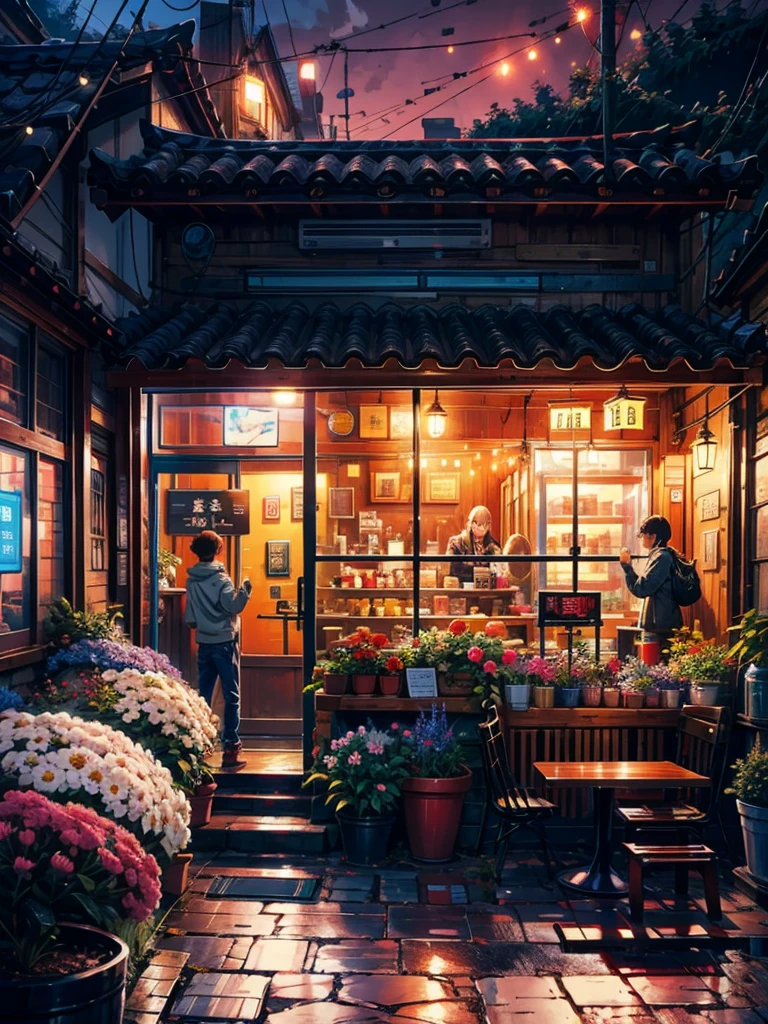 A one-man shop that lights up at night, Night Sky, street, There are colorful flowers in pots on the ground, cozy cafe background, cozy atmosphere, Night Village Background, Warm home background, cool atmosphere, pleasant cozy atmosphere, Japanese town at night, Ghibli atmosphere, Lofi aesthetics, , cozy place, Anime wallpapers, Anime landscape, 32K, high dynamic range, Ultra high quality