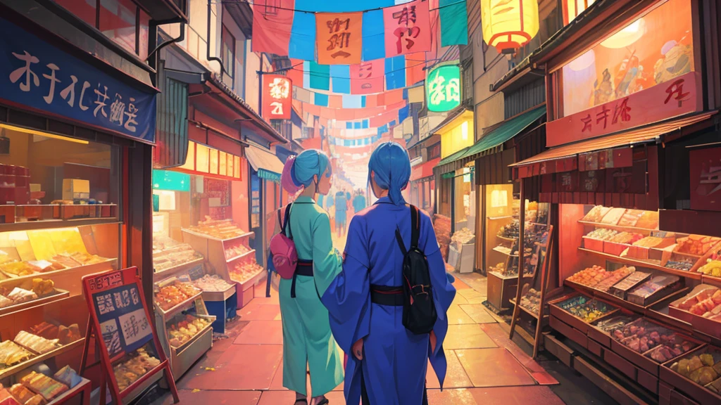 Japanese street, colorful, carteleria, business, crowded, dirty, messy, very detailed, dream atmosphere, psychedelic, pastel colours, Beautiful, illuminated, Traditional clothes, festival, anime style