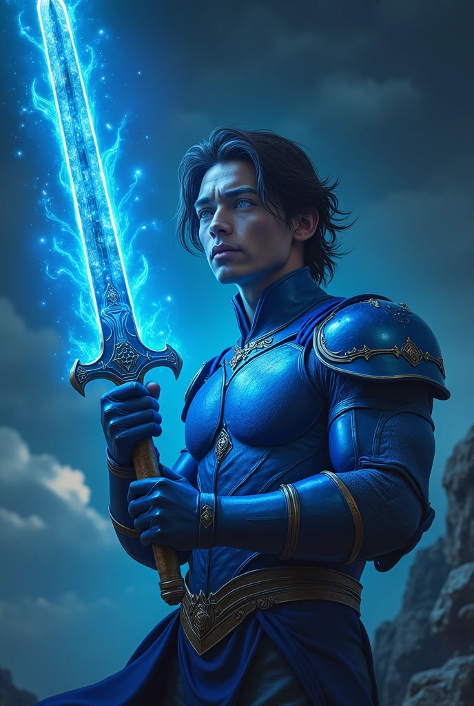 A Man, who got super powers, his aura is in blue colour, his eyes were sparkling and his eye balls in very light cyan colour, he is flying in the sky, he is holding a sword with blue colour enery around it, the sword is in black colour with blue designs, he is wearing a blue armor typed dress, the sky is dark, elevation from front side, he is ready to fight with someone, he is standing in the sky, he has medium hair, his skintone is light brown