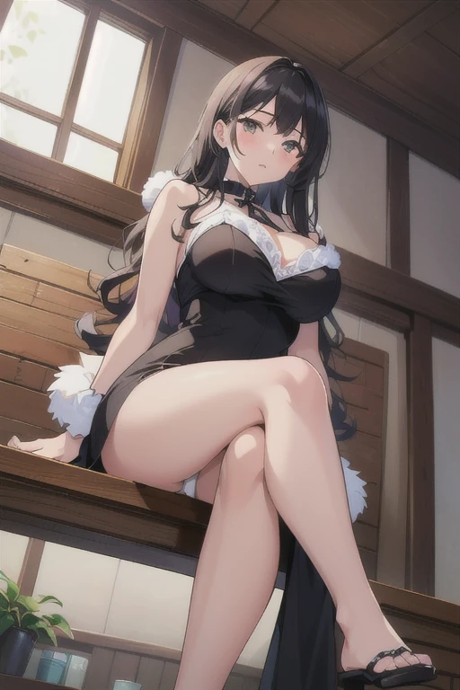 ((Best Quality)), ((masterpiece)), (detailed), 1 girl, with tight black dress, ((crossing legs)),((sitting)), white panties, big breasts,wavy fur,looking at the viewer,((Whole body)),((views)),((view from below
