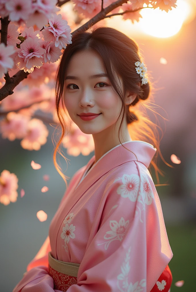 Sexy Japanese woman standing under a cherry blossom tree，Wearing a summer kimono，hairpin，smile，At dusk，Petals flutter in the wind，(Use a wide-angle lens to capture a full-body image:1.9)，(masterpiece:1.1)，(Highest quality:1.1)