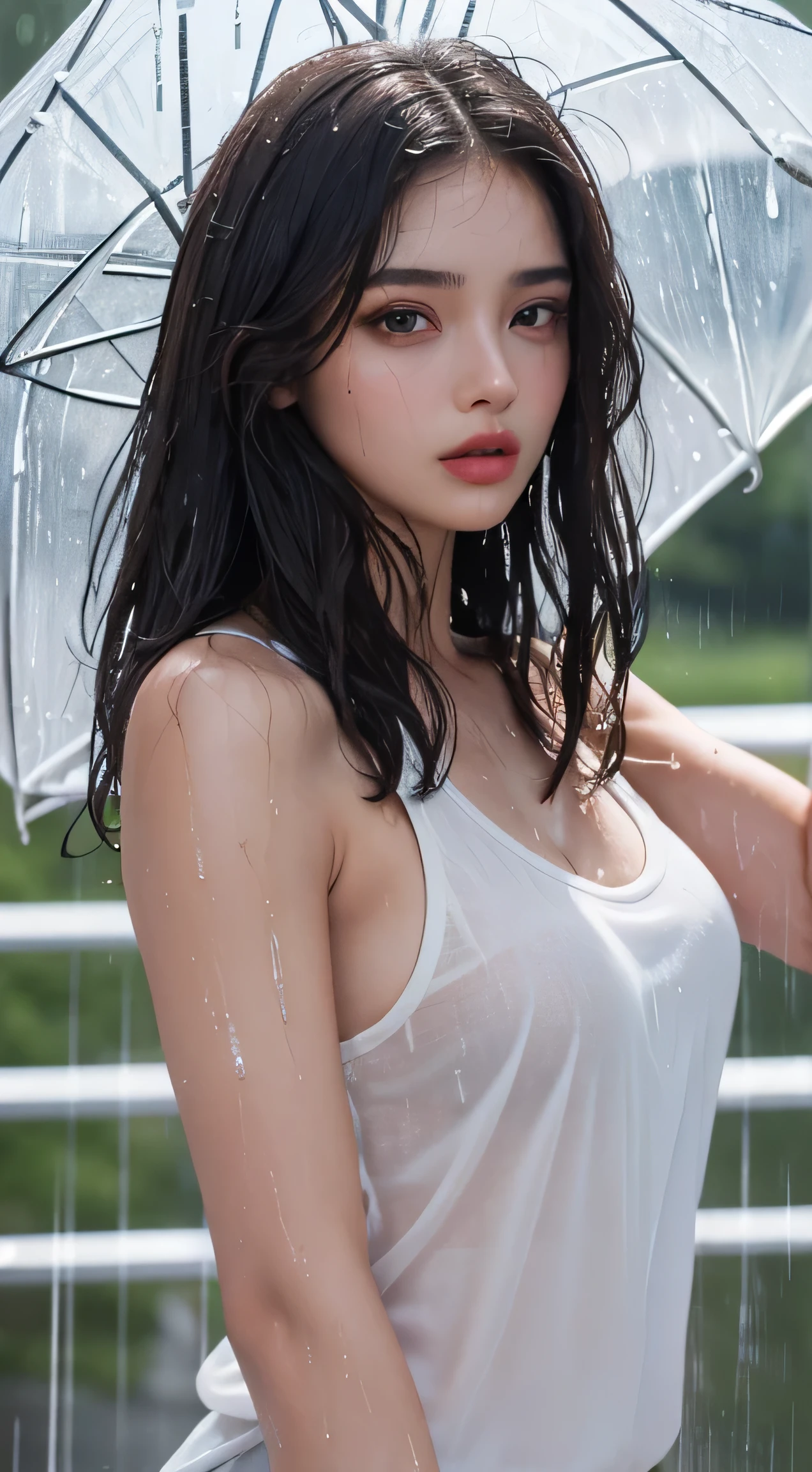 (Best quality, 4k, Masterpiece :1.3), pretty woman, 1girl, sexy :1.1, dark brown hair: 1.1, (rainy wet, wet from rain, wet body :1.2), white tank tops, ultra-detailed face, detailed lips, detailed eyes, double eyelid