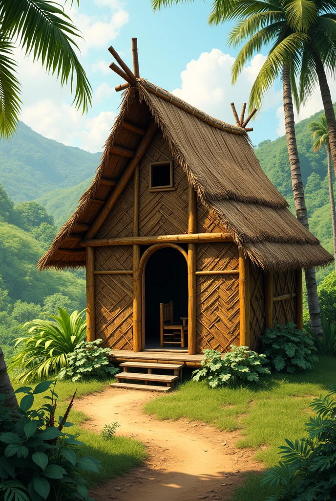 create a simple but unique filipino dwelling made of bamboo and palm leaves in a rural setting
