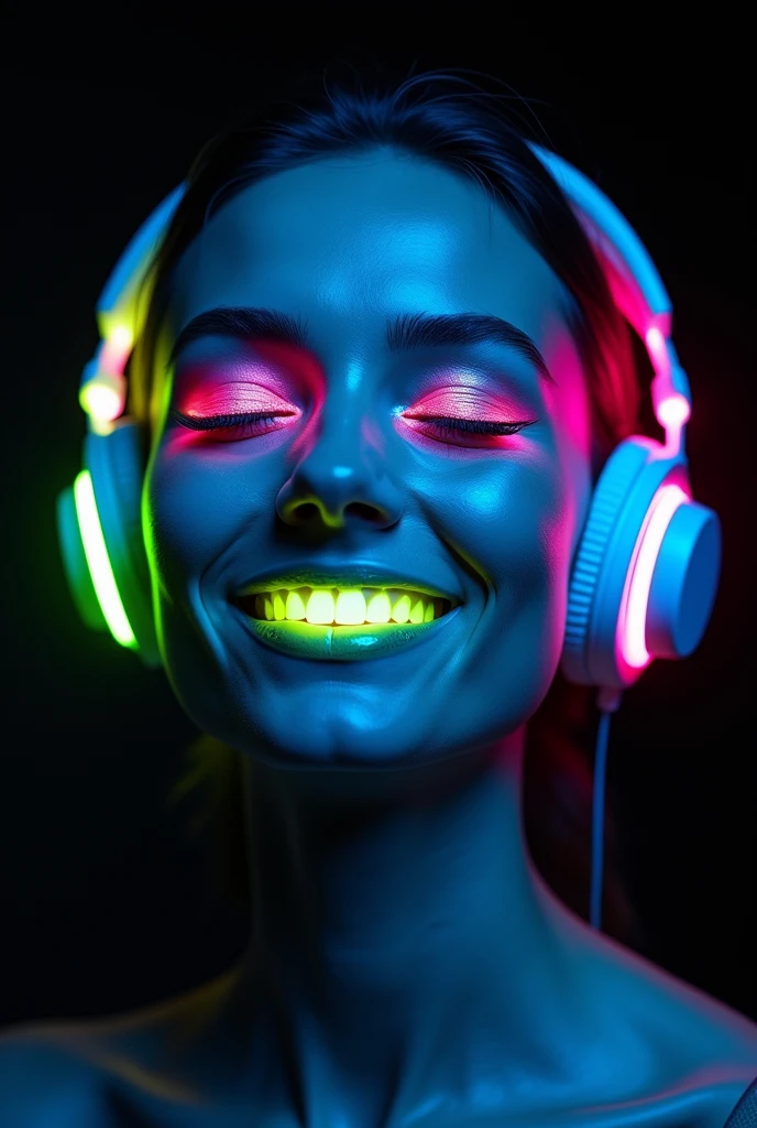face of a beautiful white european woman model with detailed skin and closed eyes and smile, She is happy, has metallic fluorescent pink eye makeup, fluorescent light green lipstick that glows in the dark , she has headphones on her ears and has a black background with vibrating speakers behind her, ultra detailed image, 16K, as realistic as possible