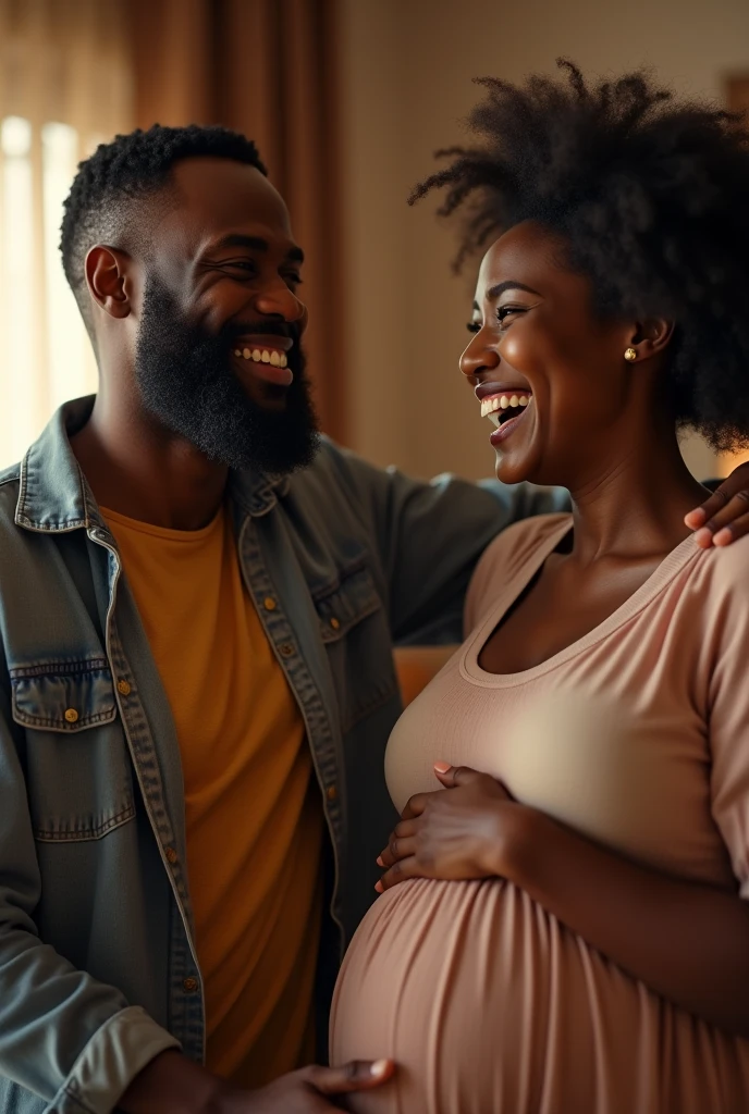 Bearded white man laughing with pregnant black woman 