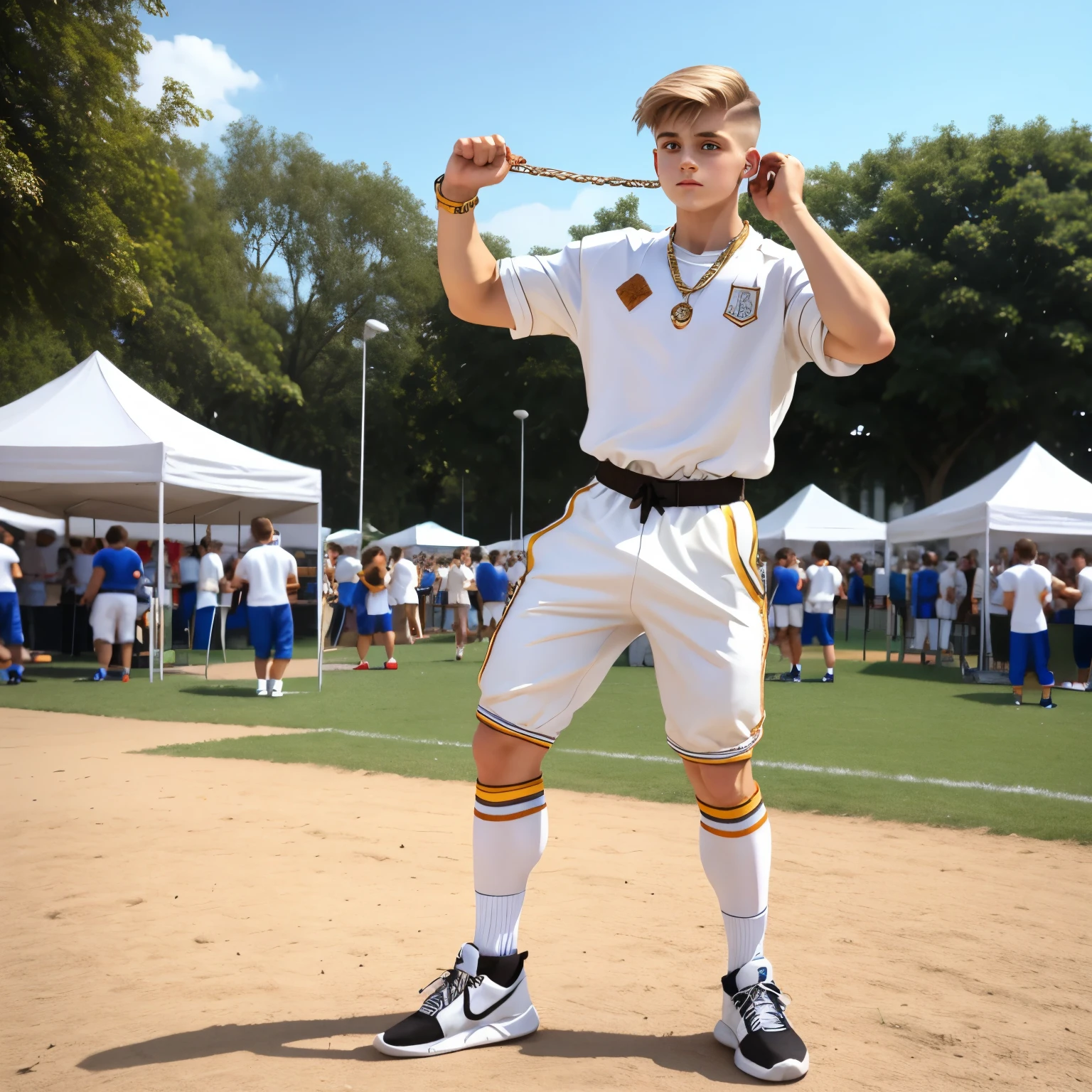 full body view, AR Cute young white european scoolboy with light-brown undercut haircut, in fencing clothes, white socks, hype fashion sneakers and lot of jewelery, at the school fest