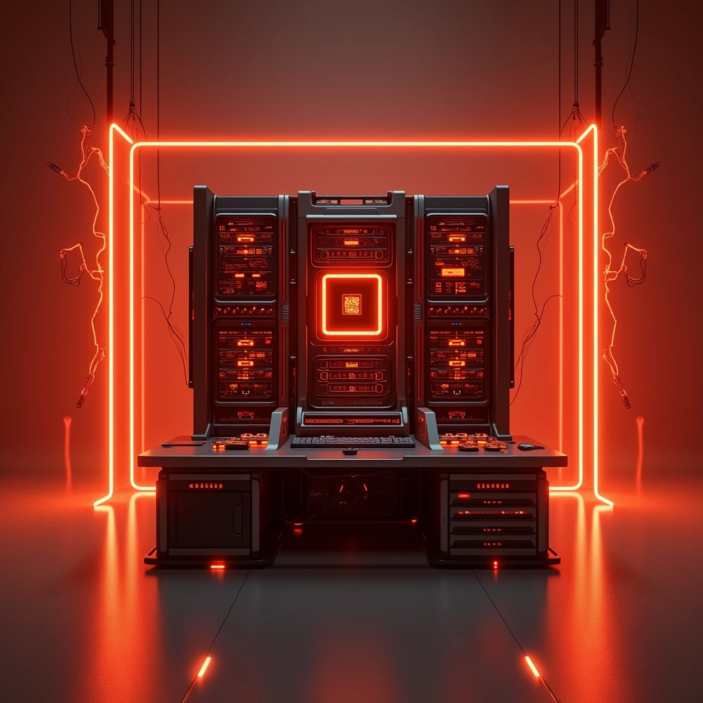 A machine power running workstation,There are disk arrays and fiber optic machines on the workstation,There is also a firewall,The machine emits orange-red light.,There are two technological light curtains next to it.,And some wires,Add red electricity element,Need a fantasy sci-fi future style,The periphery of the screen is flashing orange-red light,More sci-fi,More dreamy,The background is clean brown-red and not cold-toned,Clean background,Don't have too much stuff