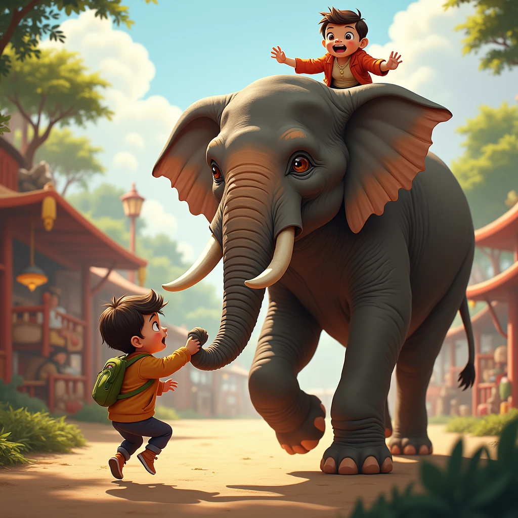 The elephant was a new ride for him. So he jumped and sat on the elephant