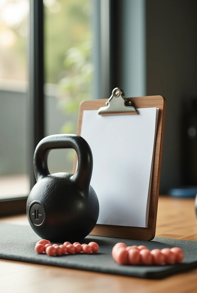 Use a 50mm f/1.8 lens to capture a hyper-realistic close-up with a shallow depth of field, focusing sharply on the kettlebell and clipboard, while the background remains softly blurred with a smooth bokeh effect. Implement soft, natural orange light resembling late afternoon sunlight through a large window, with diffused shadows enhancing the textures of the objects. Position the camera at a low angle, about 30-45 degrees relative to the objects, to highlight the kettlebell and clipboard, ensuring the clipboard's white sheet is prominently visible. Set the scene in a gym with a wooden floor showing natural grain and a yoga mat with visible texture. Arrange the kettlebell slightly off-center, the clipboard angled to display the white sheet, and place the water bottle and jump rope to complement the scene without distraction. Add subtle details like dust particles on the floor or reflections of light on the objects for enhanced realism, while maintaining a clean and organized composition.