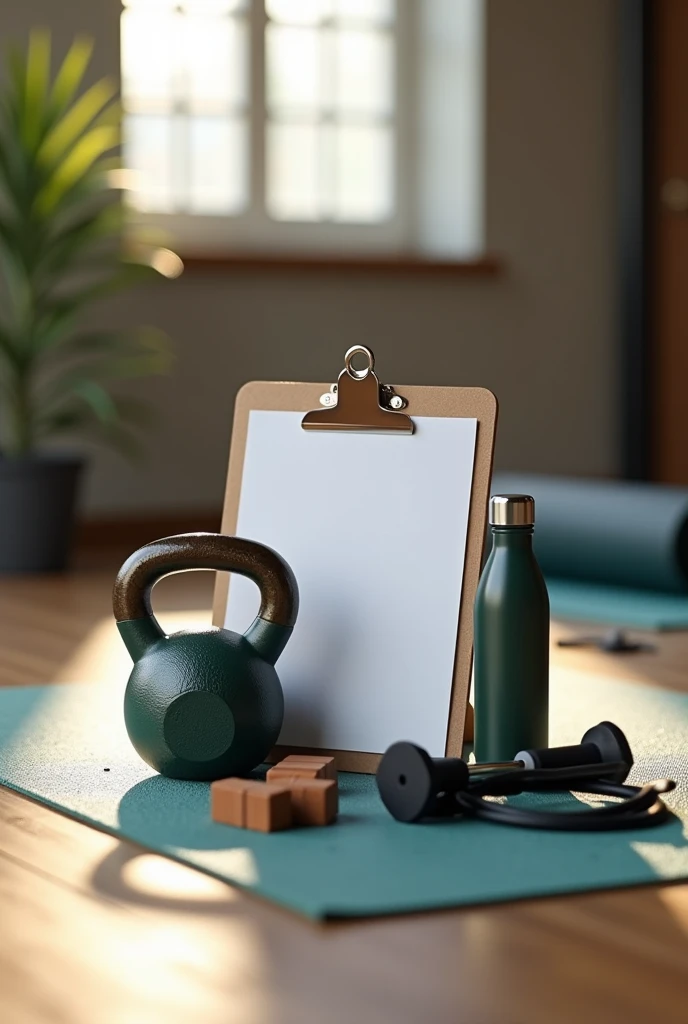 Use a 50mm f/1.8 lens to capture a hyper-realistic close-up with a shallow depth of field, focusing sharply on the kettlebell and clipboard, while the background remains softly blurred with a smooth bokeh effect. Implement soft, natural orange light resembling late afternoon sunlight through a large window, with diffused shadows enhancing the textures of the objects. Position the camera at a low angle, about 30-45 degrees relative to the objects, to highlight the kettlebell and clipboard, ensuring the clipboard's white sheet is prominently visible. Set the scene in a gym with a wooden floor showing natural grain and a yoga mat with visible texture. Arrange the kettlebell slightly off-center, the clipboard angled to display the white sheet, and place the water bottle and jump rope to complement the scene without distraction. Add subtle details like dust particles on the floor or reflections of light on the objects for enhanced realism, while maintaining a clean and organized composition.