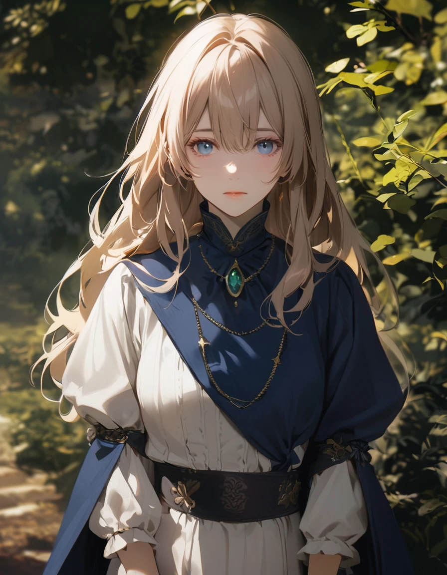 France in the 1890s。The main character of Violet Evergarden has blonde shoulder-length hair with a red ribbon.。She is wearing a classical aristocratic outfit based on ultramarine blue, with a white ribbon on her chest and an emerald necklace in the center.。On both arms, he wears long black leather gloves that reach up to his elbows.。She has very beautiful blue eyes。In the background you can see a slightly blurred French garden.。She always looks sad and lonely。Beautiful and realistic photos.。Walking far away。She is wearing a white flared skirt.。It's like a painting.。Vivid depiction。animation。