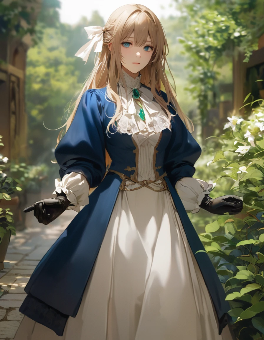 France in the 1890s。The main character of Violet Evergarden has blonde shoulder-length hair with a red ribbon.。She is wearing a classical aristocratic outfit based on ultramarine blue, with a white ribbon on her chest and an emerald necklace in the center.。On both arms, he wears long black leather gloves that reach up to his elbows.。She has very beautiful blue eyes。In the background you can see a slightly blurred French garden.。She always looks sad and lonely。Beautiful and realistic photos.。Walking far away。She is wearing a white flared skirt.。It&#39;s like a painting.。Vivid depiction。animation。