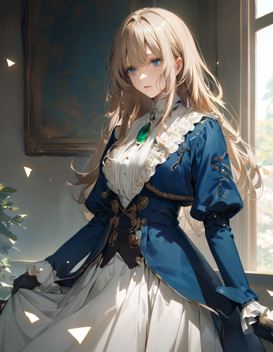 France in the 1890s。The main character of Violet Evergarden has blonde shoulder-length hair with a red ribbon.。She is wearing a classical aristocratic outfit based on ultramarine blue, with a white ribbon on her chest and an emerald necklace in the center.。On both arms, he wears long black leather gloves that reach up to his elbows.。She has very beautiful blue eyes。In the background you can see a slightly blurred French garden.。She always looks sad and lonely。Beautiful and realistic photos.。Walking far away。She is wearing a white flared skirt.。It&#39;s like a painting.。Vivid depiction。animation。