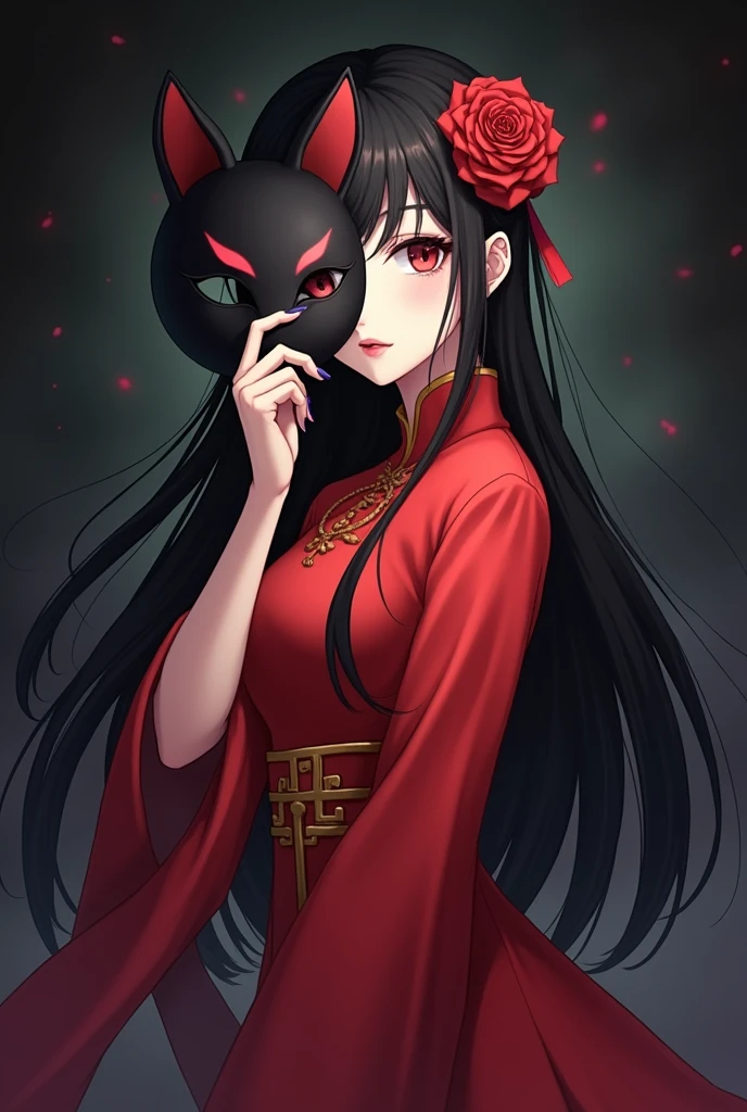 Anime chinese girl with long black hair with a rose in her hair wearing a red oriental dress holding a kitsune mask in front of her face with her right hand mask covering half of her face vertically with a mysterious dark background 