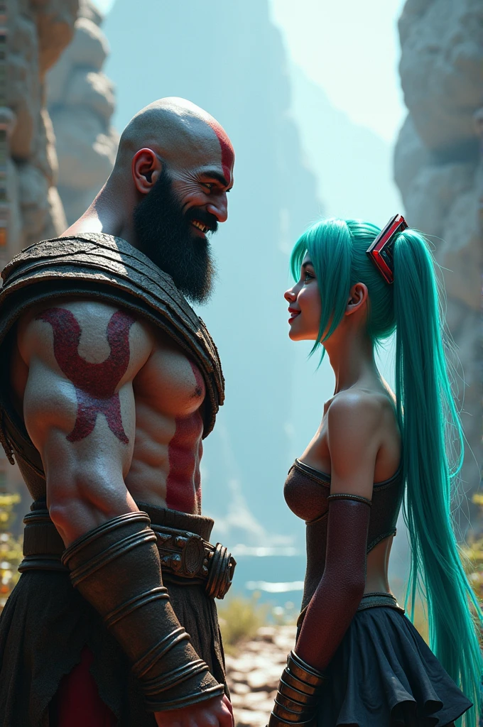 Kratos and Hatsune Miku happy seeing each other face to face
